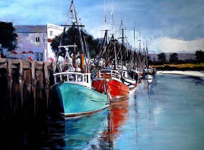 "Fishing Fleet ( @ Quay Gallery Napier)" - Acrylic on Canvas - Painting by Sue Schaare, a painter from Hawke's Bay, New Zealand.