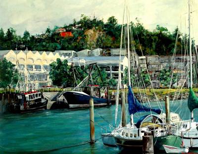 "Fishing at West Quay" - Acrylic on Canvas - Painting by Sue Schaare, a painter from Hawke's Bay, New Zealand.