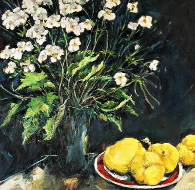 "Japanese Anemone & Quinces" - Oil OnCanvas - Painting by Sue Schaare, a painter from Hawke's Bay, New Zealand.